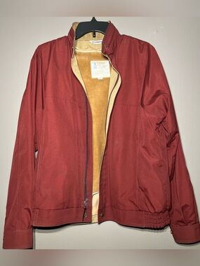 London Fog Men's Rust-Red Bomber Jacket with Tan Lining and hood